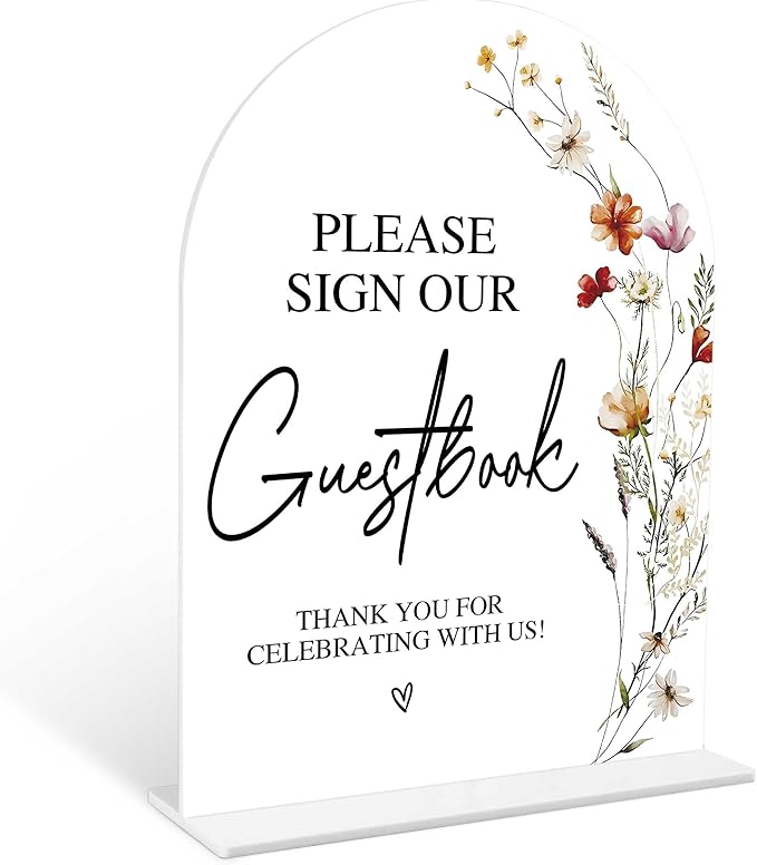 Boho Floral Please Sign Our Guestbook Sign, 6 x 8 Inch White Arch Acrylic by Qoqxjodd