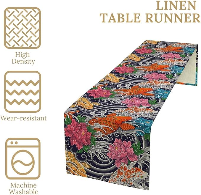 Japanese Retro Flowers Table Runner Oriental Tradition Kio Fish Art Printed - Image 3