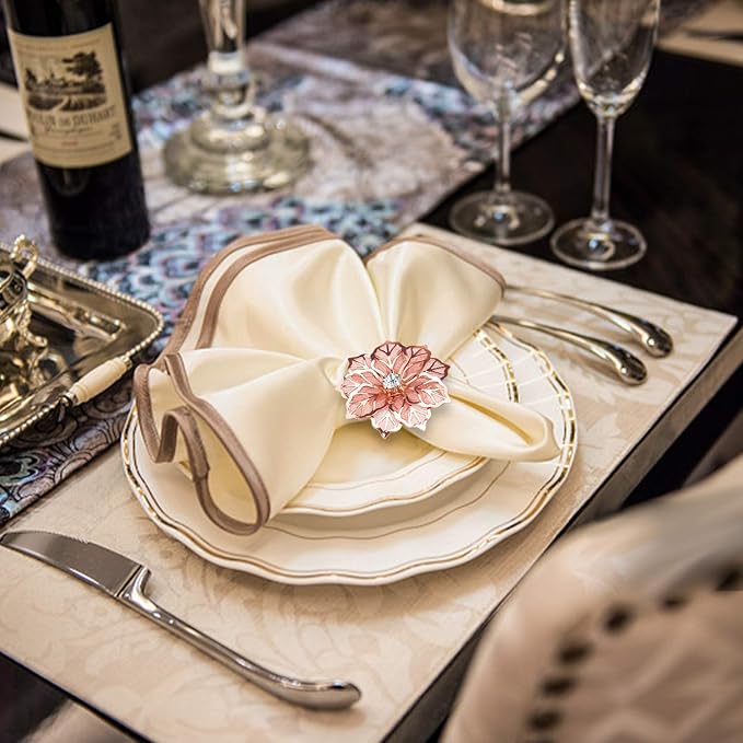 KPOSIYA Flower Napkin Rings Holder Metal Rose Gold Napkin Rings Set of 12 - Image 2