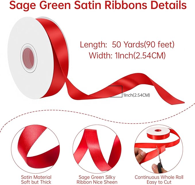 Red Satin Ribbon 1 Inch Wide x 50 Yards, Double Sided Polyester Ribbon - Image 2