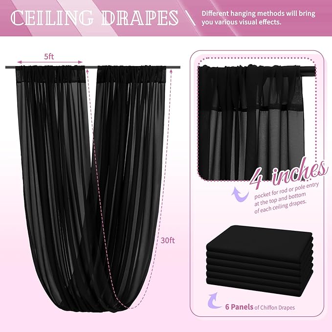 6 Panels Black Ceiling Drapes for Wedding 5ftx30ft Chiffon Fabric Arch Draping - Image 2