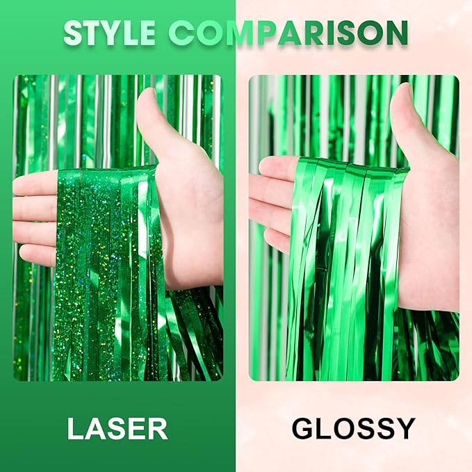 2 Pack Laser Green Tinsel Foil Fringe Curtains, Metallic Tinsel Party Streamers - Image 3
