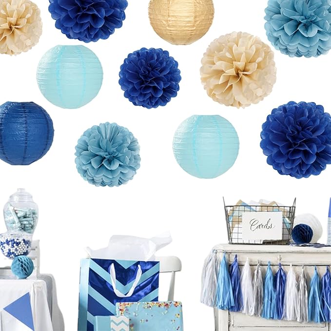 Dusty-Navy Blue Champagne-Gold Paper-Flowers Lanterns - Image 5