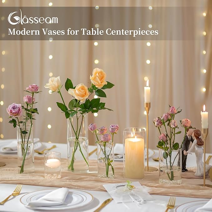 Glasseam Cylinder Vases Set of 12, Hurricane Candle Holder Clear Assorted Sizes - Image 3