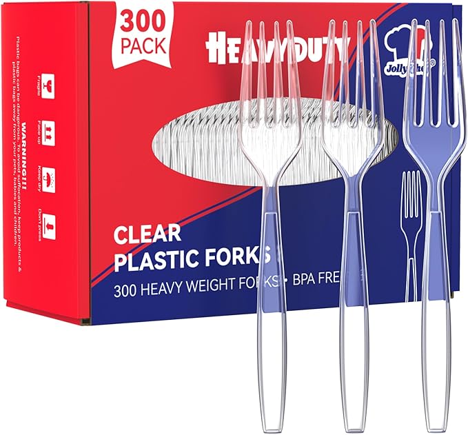 JOLLY CHEF 300 Count Clear Plastic Forks Heavy Duty, 7.1" Heat Resistant Solid by JOLLYCHEF
