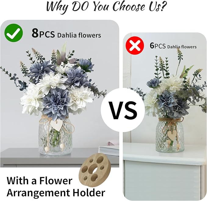 Fake Flowers with Vase, 8 Dahlias, with a Flower Arrangement Holder, Silk Faux - Image 3