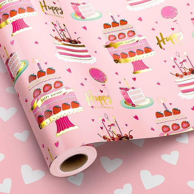 Yarcony Girls Birthday Wrapping Paper Roll, Metallic Foil Pink Cartoon-Style by Atyarconywecreategiftwrappingpaperthatmakeseverypresentfeelextraspecialourdesignsblendstyleandqualityturningbirthdayschristmasandalloflife%E2%80%99scelebrationsintomomentstoremember