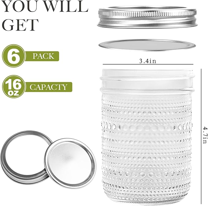 Mason Jars 16 Oz with Lids 6 Packs, Vintage Wide Mouth Glass Canning Jar - Image 2