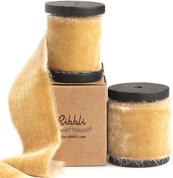 Ribbli Champagne Gold Velvet Ribbon 1.5 Inch Handmade Frayed Vintage Christmas by Ribbli