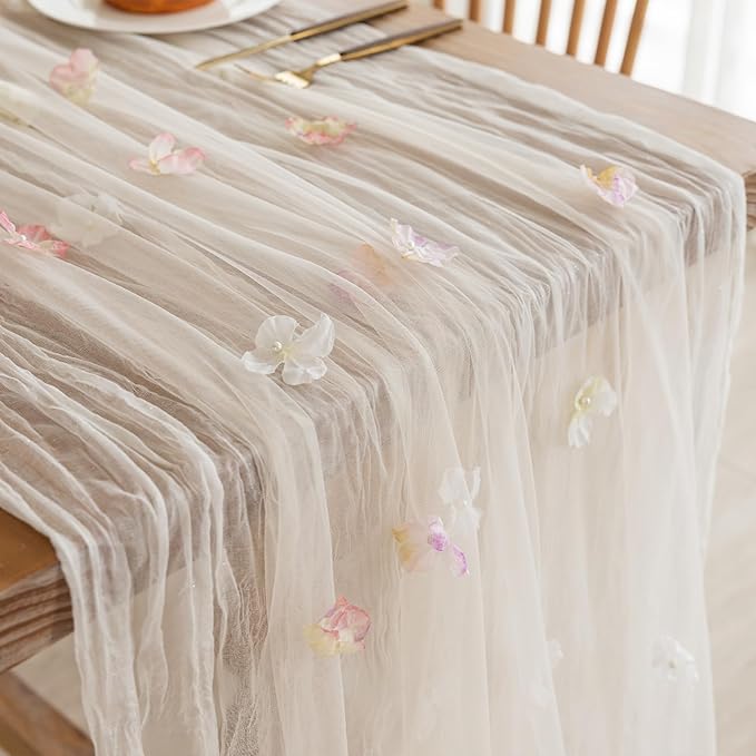 Romantic Artificial Floral Table Runner 10ft Gauze Tulle Lace Table Runner Set - Image 5