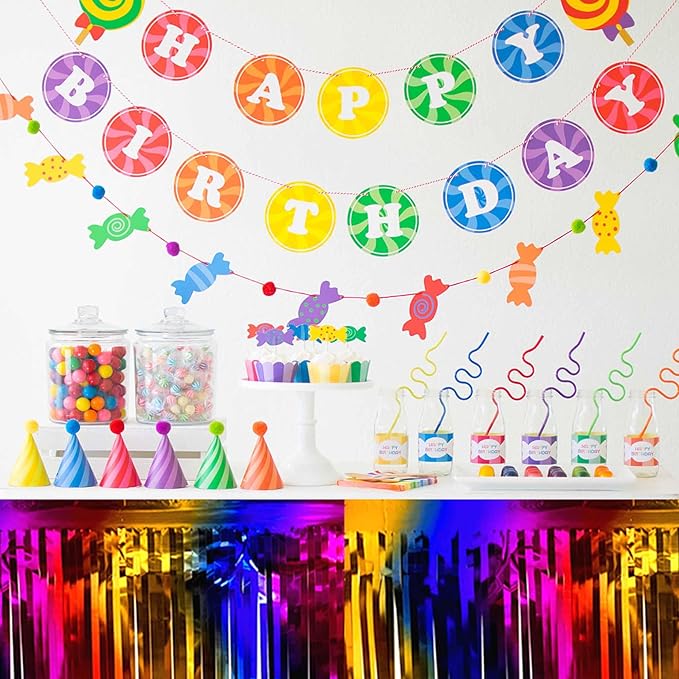 3 Pack Rainbow Foil Fringe Table Skirts Metallic Tinsel Streamers Garland - Image 5