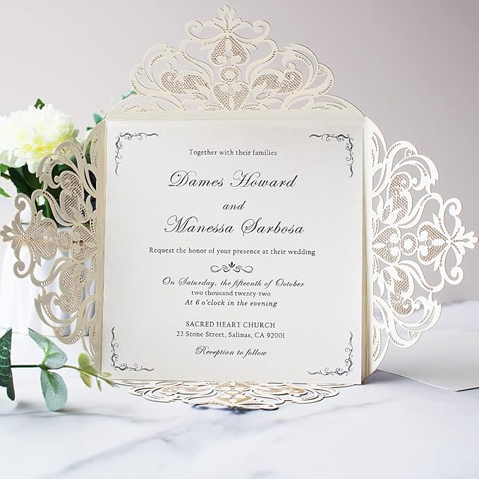 Hosmsua 6.3 x 6.3 Inch 50PCS Silver Glitter Laser Cut Hollow Lace Rose Wedding - Image 5