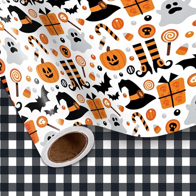 LeZakaa Halloween Wrapping Paper, Cute Pumpkin Witch Bat Candy Print, Buffalo by LeZakaa
