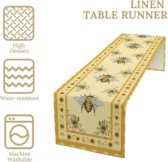 Honey Bee Table Runner, Farmhouse Yellow Sunflower Retro Summer Linen Tables - Image 3