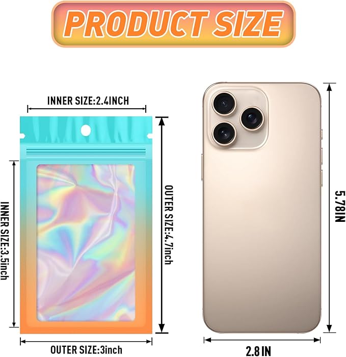 Funfery 100 Pack Gradient Holographic Bags, Resealable Mylar Bags - Image 2
