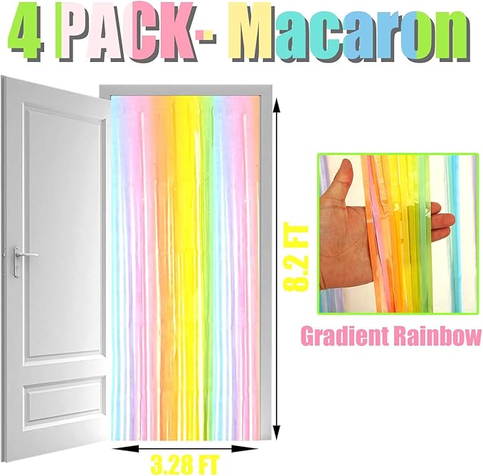 4 Pack Macaron Rainbow Foil Fringe Curtain Backdrop, 3.28Ftx8.2Ft Colorful Foil - Image 2