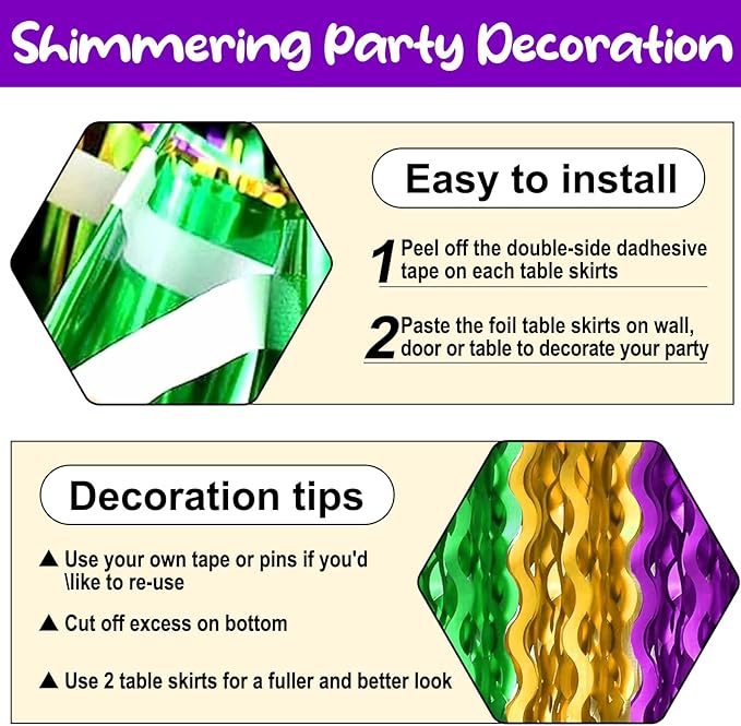 6 Pack 29 x108 Inch Gold Green Purple Wave Foil Fringe Table Skirts Metallic - Image 3