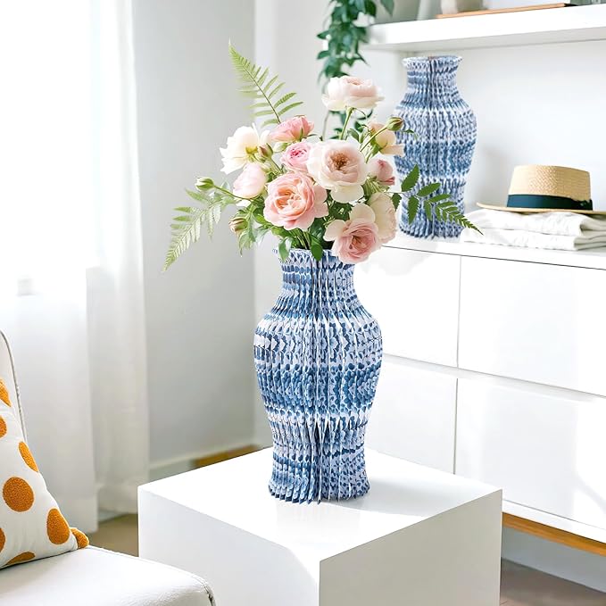 Blue and White Paper Honeycomb Vase, 11.6 Inch Foldable Decorative Vase - Image 5
