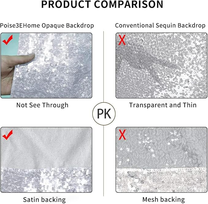 Poise3EHome 6Ft x 6Ft Silver Sequin Backdrop Curtain, Glitter Thick Satin - Image 7