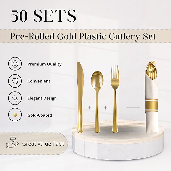 Neatiffy 50 Pack Gold Plastic Silverware Set, Pre Rolled Napkin and Cutlery Set - Image 2