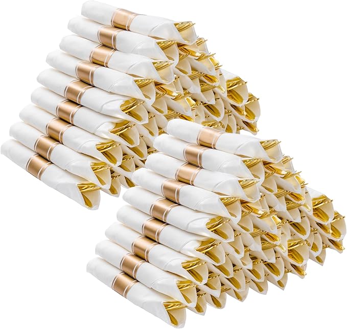 BESTVIP 100 Pack Pre Rolled Gold Plastic Silverware Set, Disposable Wrapped by Bestvip
