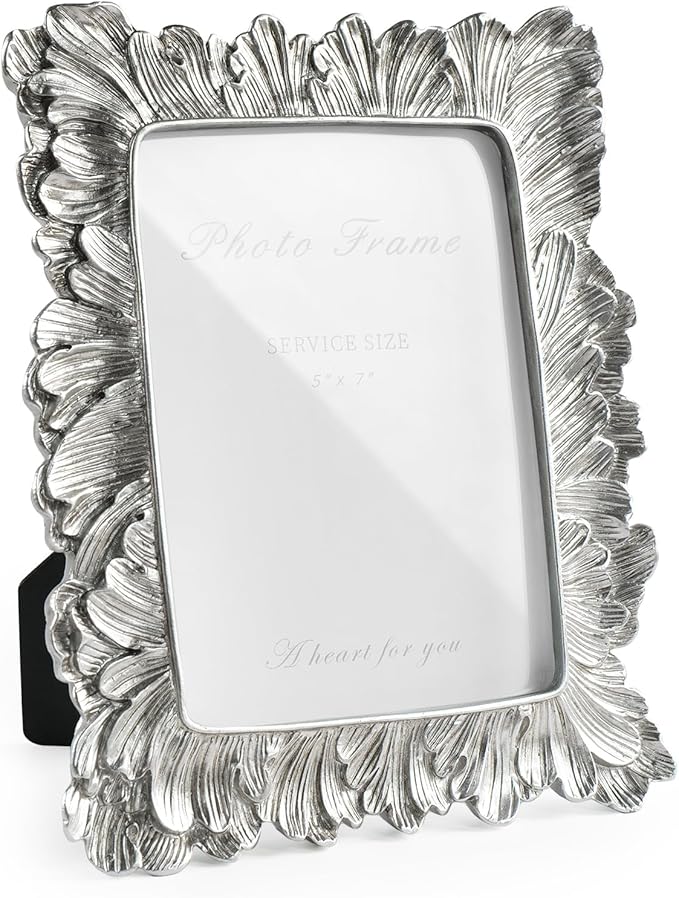 Silver 5x7 Picture Frame, Vintage Silver Palm Leaves Textured Hand-Crafted Resin by Cuspin