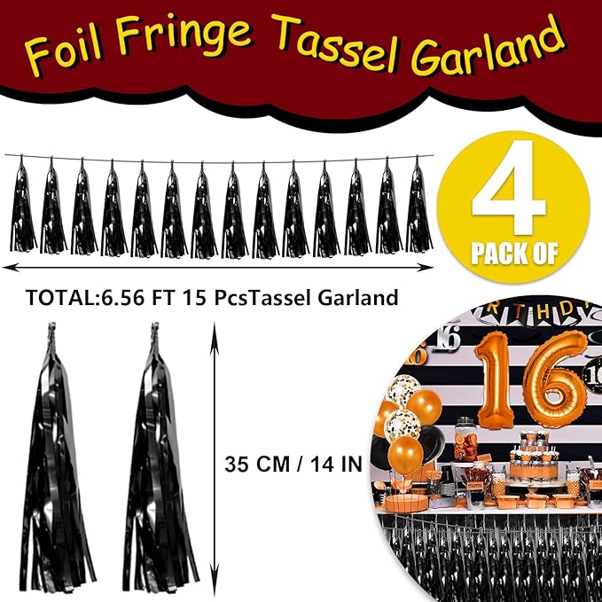 4P Black Foil Fringe Tassel Banner Garland Metallic Tinsel Streamers Wall - Image 2