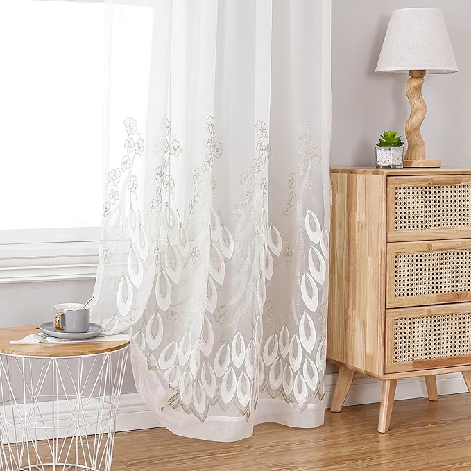 VISIONTEX White Sheer Voile Curtains, Decorative White Embossed Drip Rod Pocket by VISIONTEX