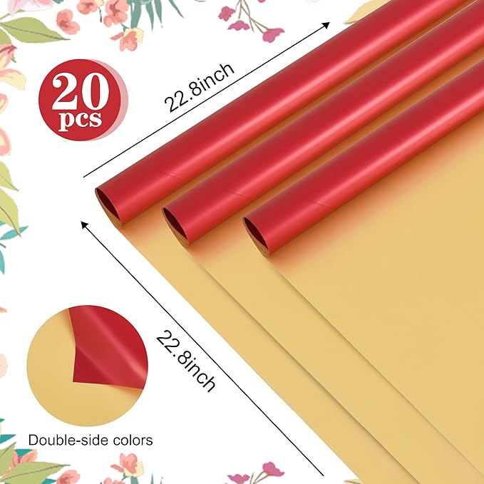 BEISHIDA 20 Sheets Red+Gold Double Sided Floral Wrapping Paper, 58 * 58 cm / - Image 2