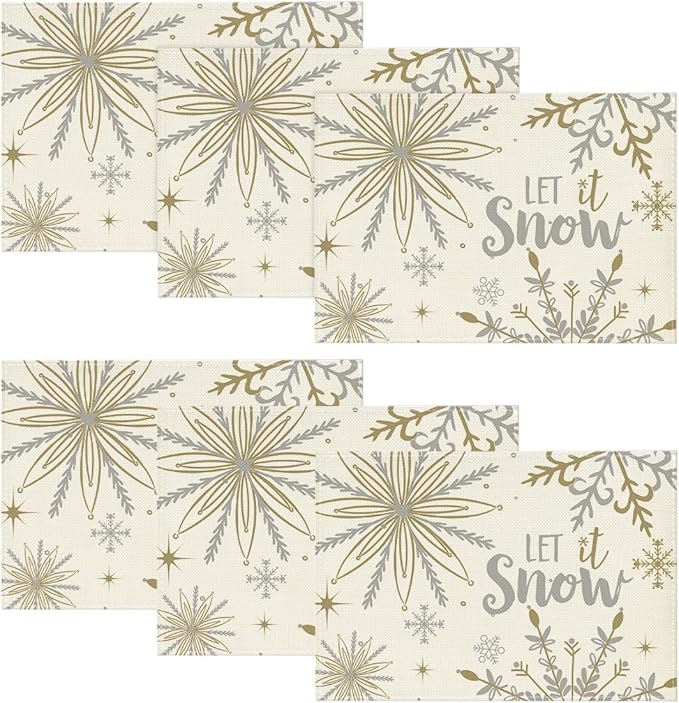 Artoid Mode Beige Snowflake Let It Snow Winter Placemats Set of 6, 12x18 Inch by ArtoidMode