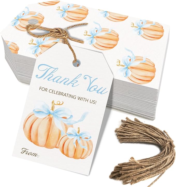 50pcs Little Pumpkin Thank You Tags, Pumpkin Bow Fall Theme Favor Tags by Aukolass