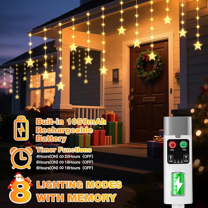 Rechargeable Stars Christmas Window Lights, IP65 Waterproof 90 LEDs 54 Stars - Image 5