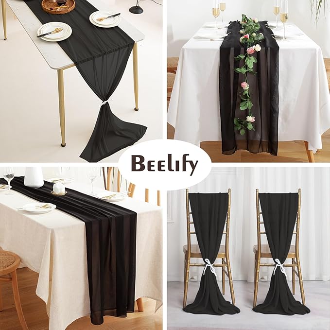 2 Pack 10 Ft Chiffon Table Runner Black Gauze Long Table Runners 27x120 Inches - Image 3