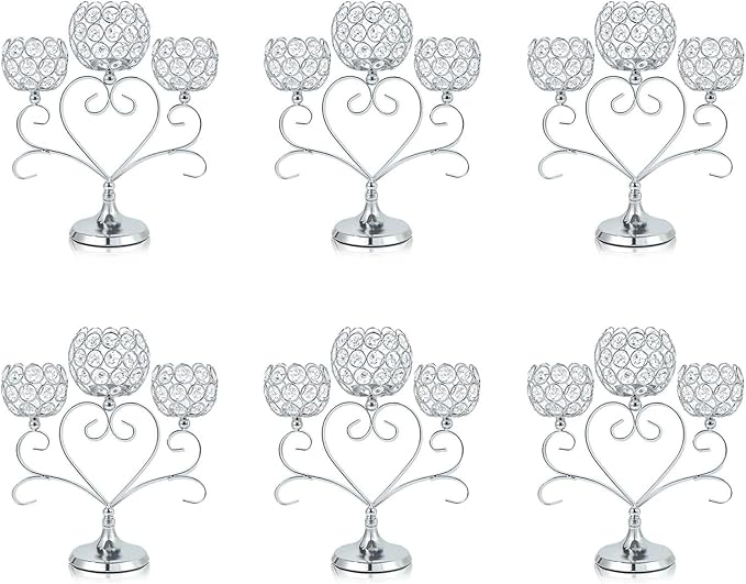 6 Pcs Silver 3-Arm Heart Tea Light Candle Holder by kehail