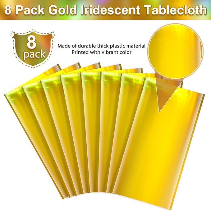 8 Pack Gold Iridescent Plastic Tablecloths Shiny Disposable Laser Rectangle - Image 4