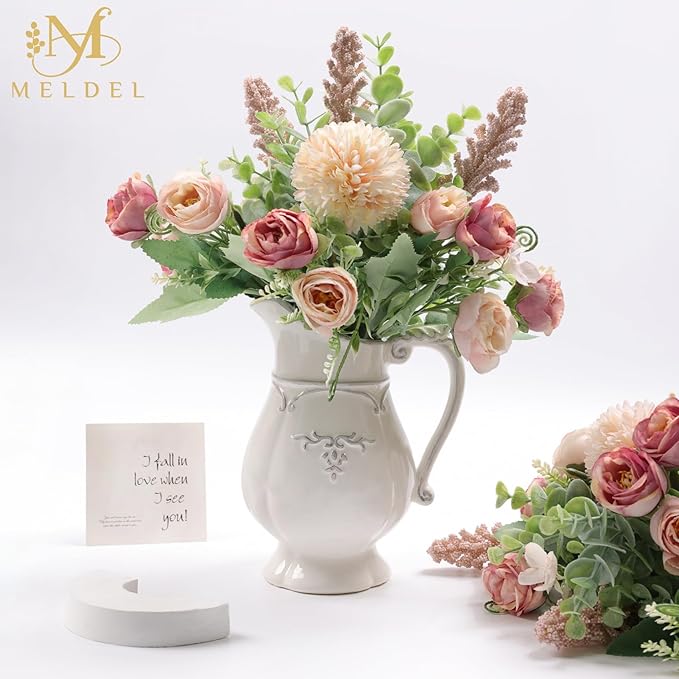 Meldel 3Pcs Rose Bouquet Pink Artificial Flowers Eucalyptus Plants Fake Silk - Image 5