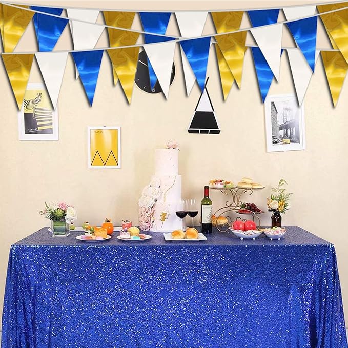 65FT Navy-Blue White Gold Triangle Pennant Banner Flag Metallic Fabric Bunting - Image 3