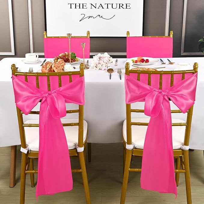 60 PCS Hot Pink Satin Chair Sashes Bows Universal Chair Cover - Image 7