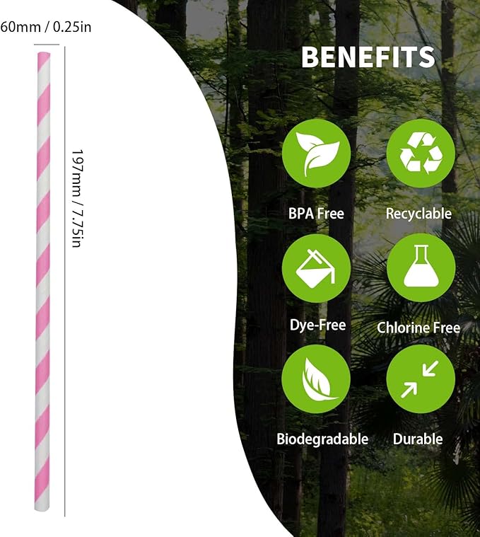 Disposable White and Pink Striped Paper Straws, Hot Pink Swirl Straw Pastel - Image 3