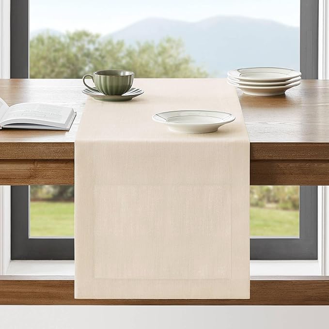 ZeeMart Linen Textured Border Table Runner, 14 x 108 Inch Cream, Farmhouse by ZEEMARTONLINE