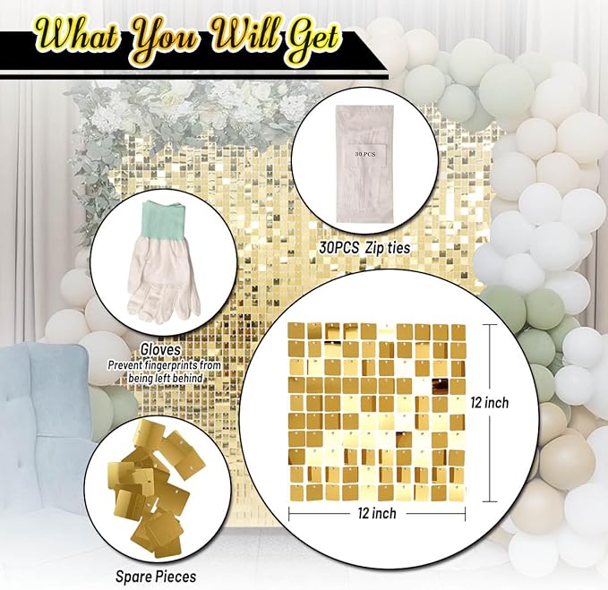 Kate Square Light Gold Sequin Wall Panels Shimmer Wall Birthday Party Backdrop - Image 5