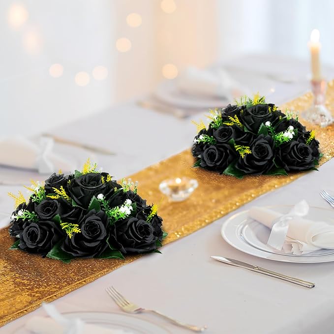 BLOSMON Flower Balls Wedding Rose Centerpieces 2 Pcs Black Fake Flowers Kissing - Image 2