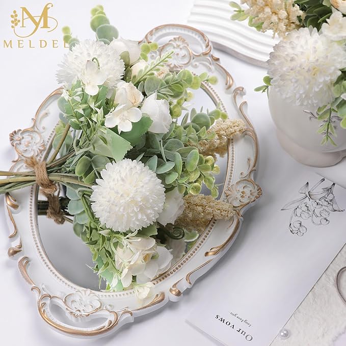 Meldel 3Pcs Rose Bouquet White&Champagne Artificial Flowers Eucalyptus Plants - Image 4