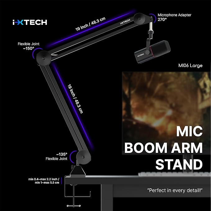 IXTECH Microphone Boom Arm Stand, Heavy Duty Adjustable Mic Stand - Image 7