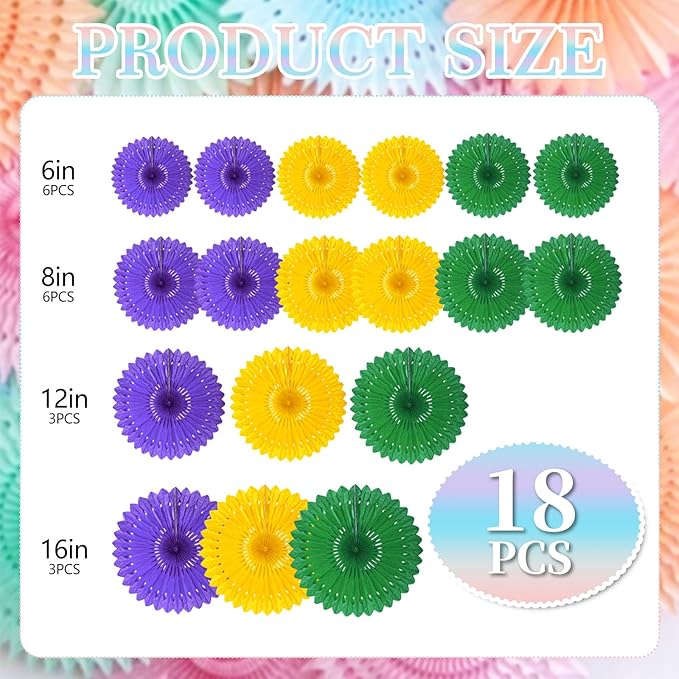 18 Pcs Mardi Gras Hanging Honeycomb Paper Fans, Round Paper Fan Decorations - Image 2