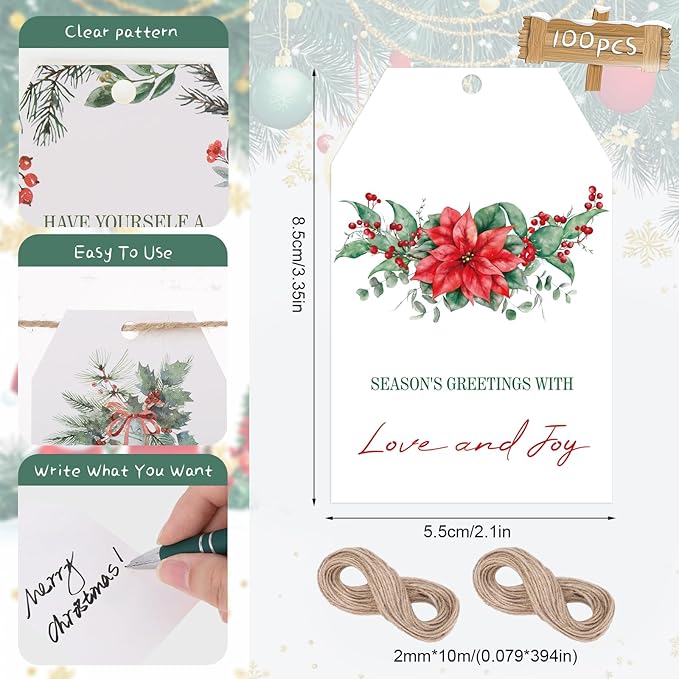 100PCS Christmas Gift Tags 10 Styles Watercolor Christmas Tree Pinecone Tags - Image 2