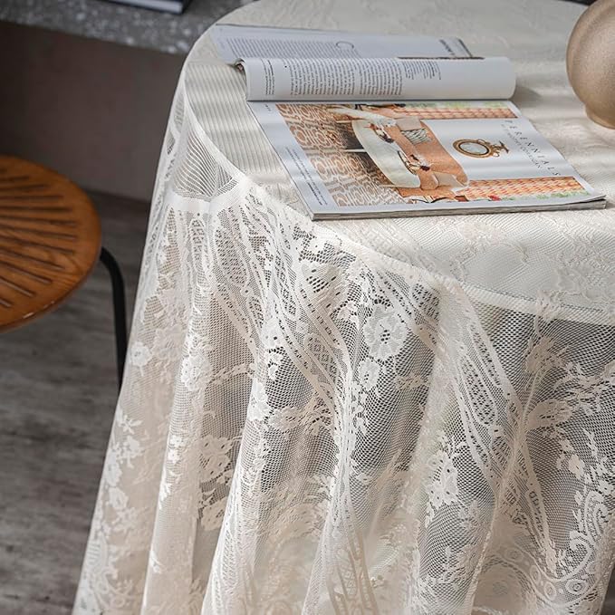 Vintage 60 inch Beige Lace Tablecloth Floral Embroidered Boho Shabby Chic Small - Image 8