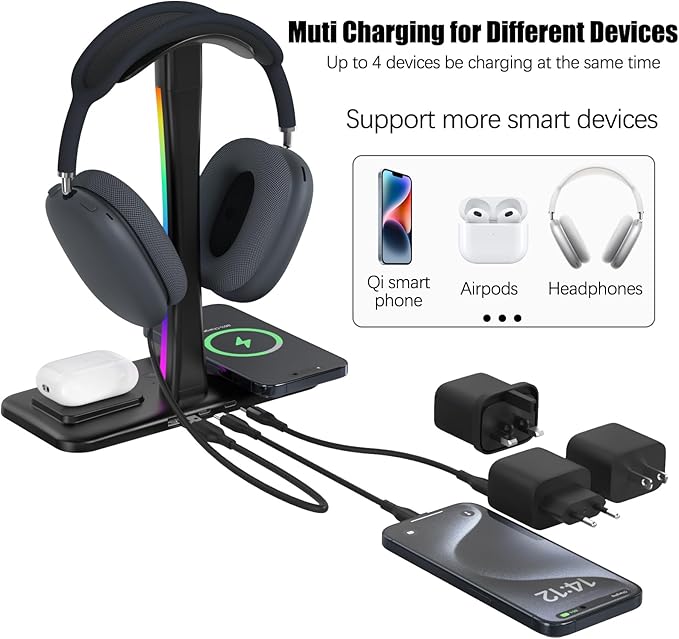 Headphone Stand with Wireless Charger, Gaming HeadsetStand with RGB Light Mode - Image 4