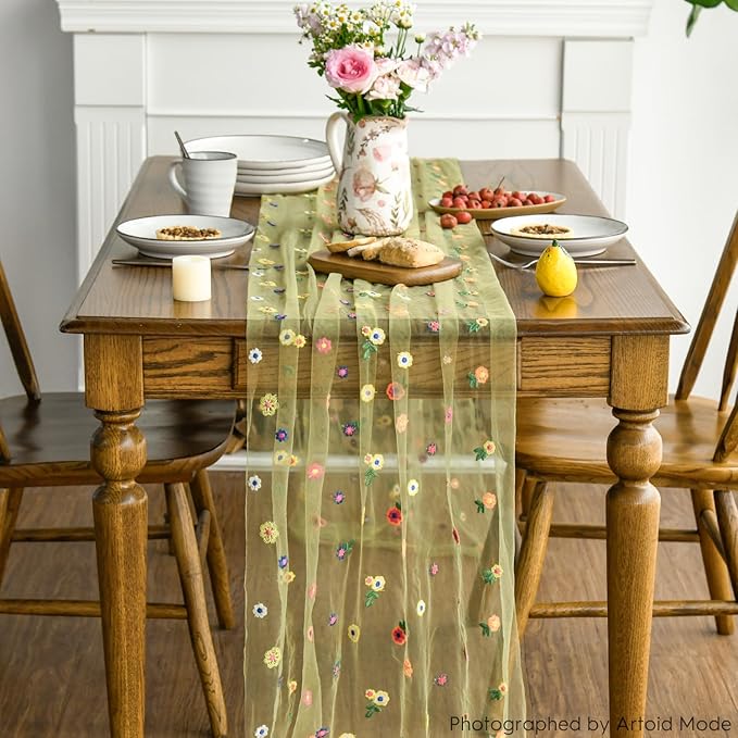 Artoid Mode Green Embroidery Daisy Gauze Table Runner 120 Inch 10FT, Seasonal - Image 3