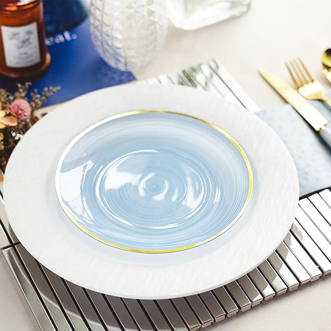 100PCS Transparent Blue Gold Plastic Plates, 7 Inch Heavy Duty Disposable - Image 3